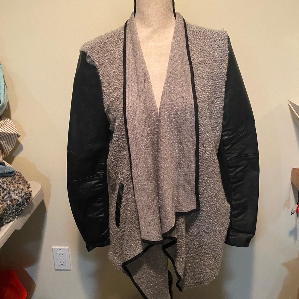 LF Paper Heart Women’s Mixed Media Sweater Cardigan with Faux Leather Sleeves